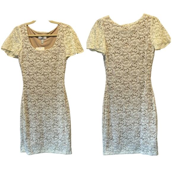 NWT Belle Badgley Mischka Lace Floral Sequin Stretch Mini Dress White Nude - Picture 1 of 15
